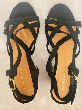 NEW COSMOPARIS Black Leather Strappy Criss Cross Suede 4 inch Heels (FR35 US5)